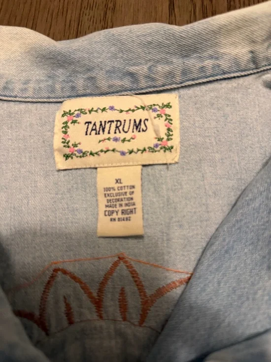 Tantrums Light Blue Denim Jacket with Colorful Sunflower Embroidery has stain - Picture 3 of 7